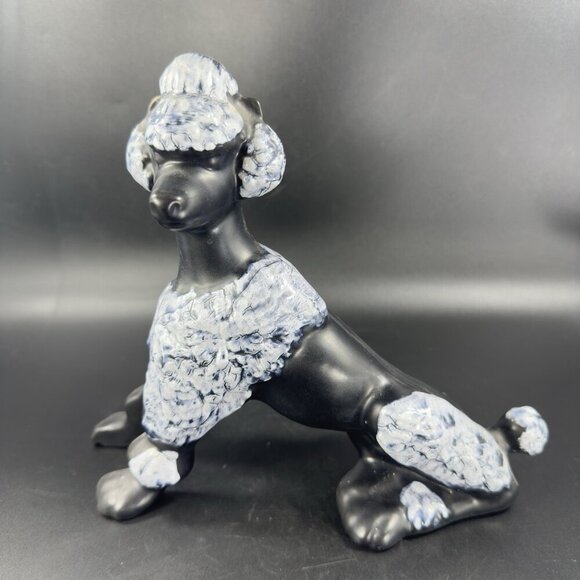 Vintage MCM Poodle Dog Figurine Crackle Glaze Black White Spots Ceramic Decor - Picture 12 of 13